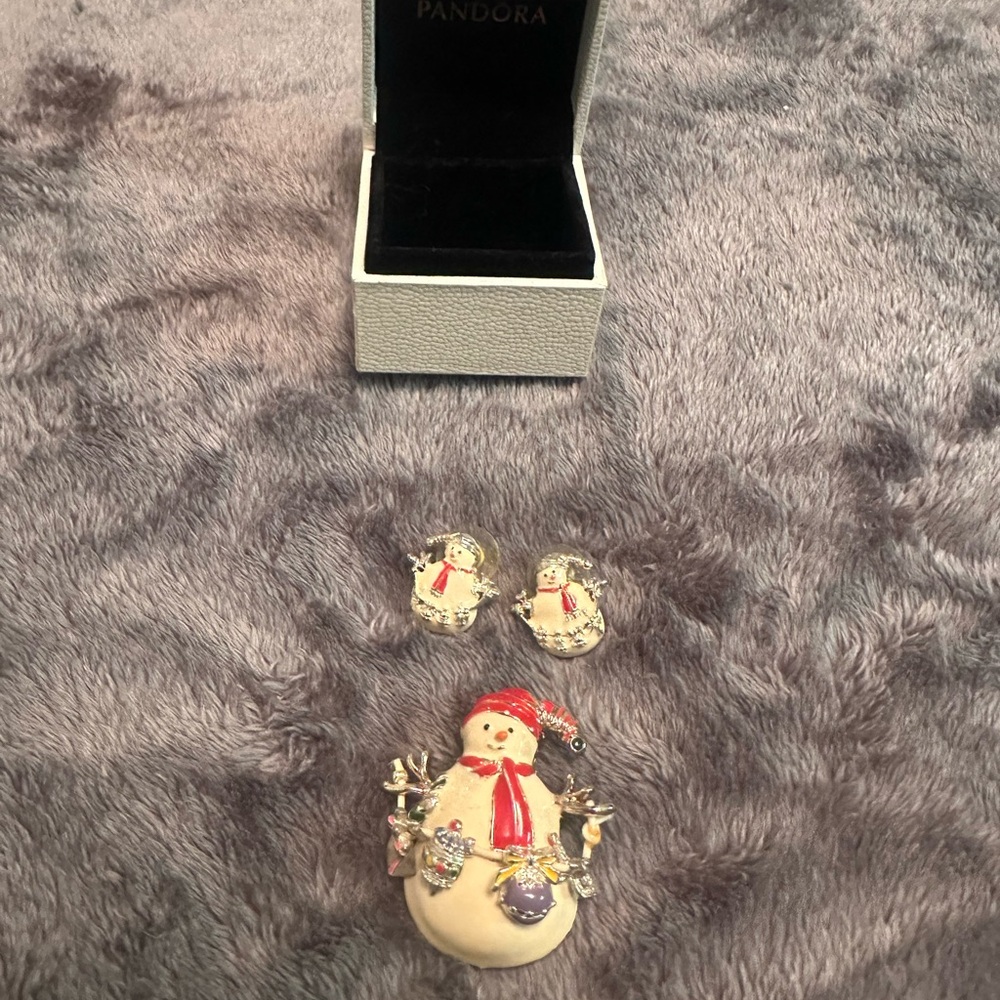 Festive Snowman Brooch Set - Silver and Red